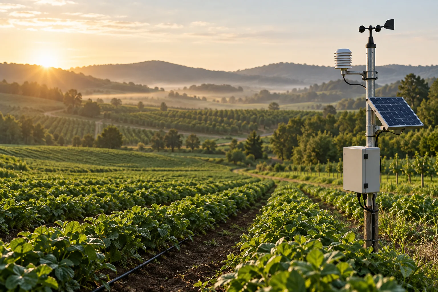 Illustration of a field weather station with a solar panel beside crop rows