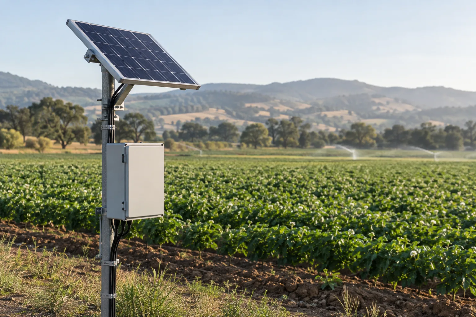 Illustration of a solar panel and outdoor enclosure beside an irrigated field