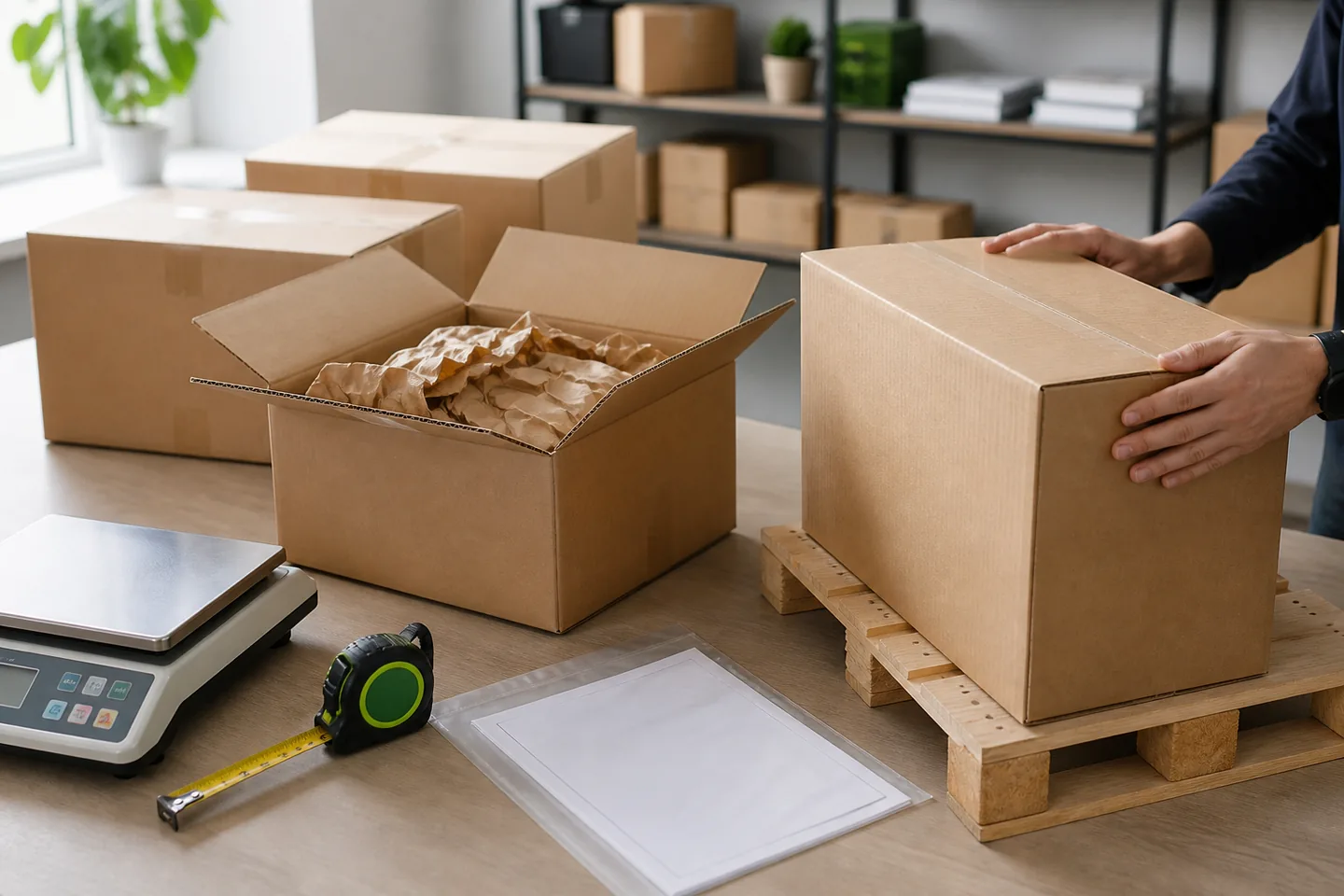 Representative export cartons and shipping-document pouch prepared for handover